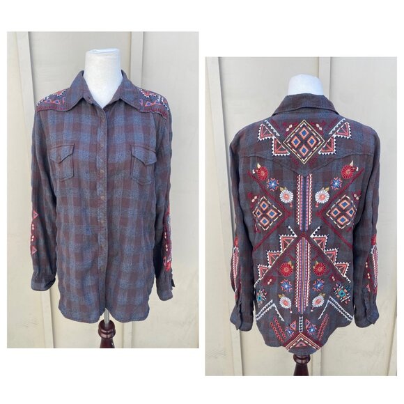 Johnny Was Plaid Button Down Embroidered Long Sleeve Shirt - Picture 1 of 11